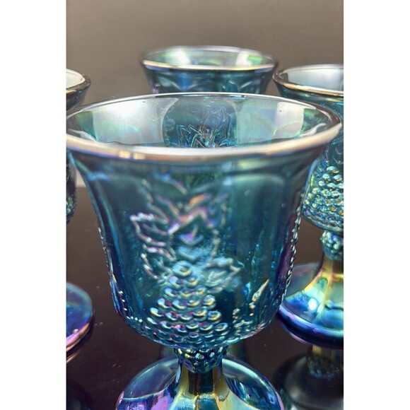 Vintage Indiana Glass Blue Iridescent Grape Goblets Set of 4 - 8 oz MCM - Picture 10 of 12